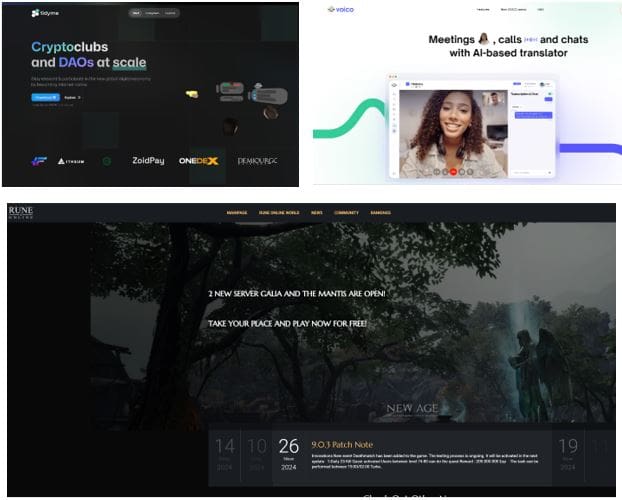Fake websites created as a part of Tusk campaign, mimicking legitimate crypto and AI services, and an online game 
