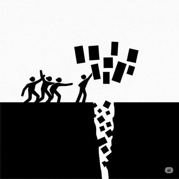 Images generated by Google Gemini. A silhouetted group of Black entrepreneurs stand on one side of a chasm, reaching toward a brightly lit cluster of venture capitalists on the other. The chasm symbolizes capital and network gaps, with fragments of angel groups and traditional funding paths scattered within it.